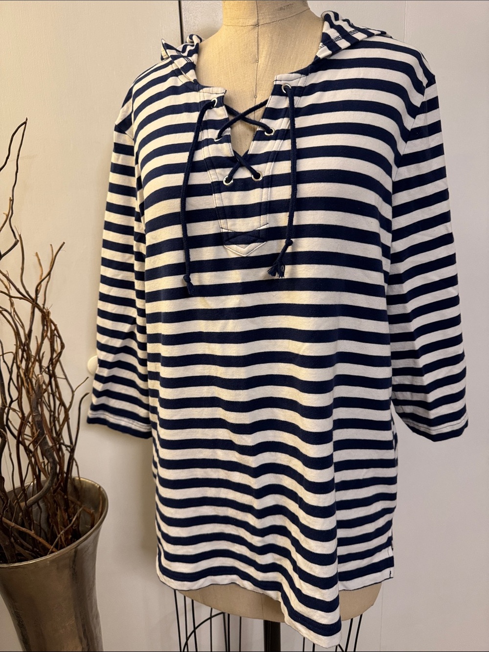 Karen Scott Navy and White Striped Lace-Up Hooded Tunic